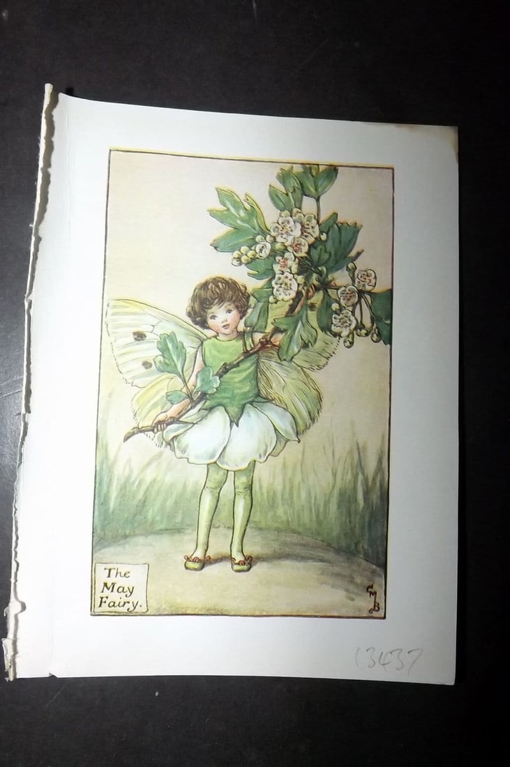 Cicely Mary Barker 1940's Flower-Fairy Print. May Fairy: Vintage Lithograph Published C1935-45 by Blackie & Son, London & Glasgow for the "Flower-Fairies" Series by Cicely Mary Barker. Reverse side blank. Paper Size: 5.5 x 4 inch (14 x 10cm)
