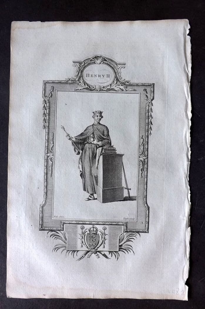 Russell 1779 Folio Portrait Print. Henry II: Antique Copper Plate Published 1779, London for "A New and Authentic History of England" [Russell's History of England] by William Augustus Russell. Paper Size: 15 x 9 inch (38 x 23cm) Good Condition
