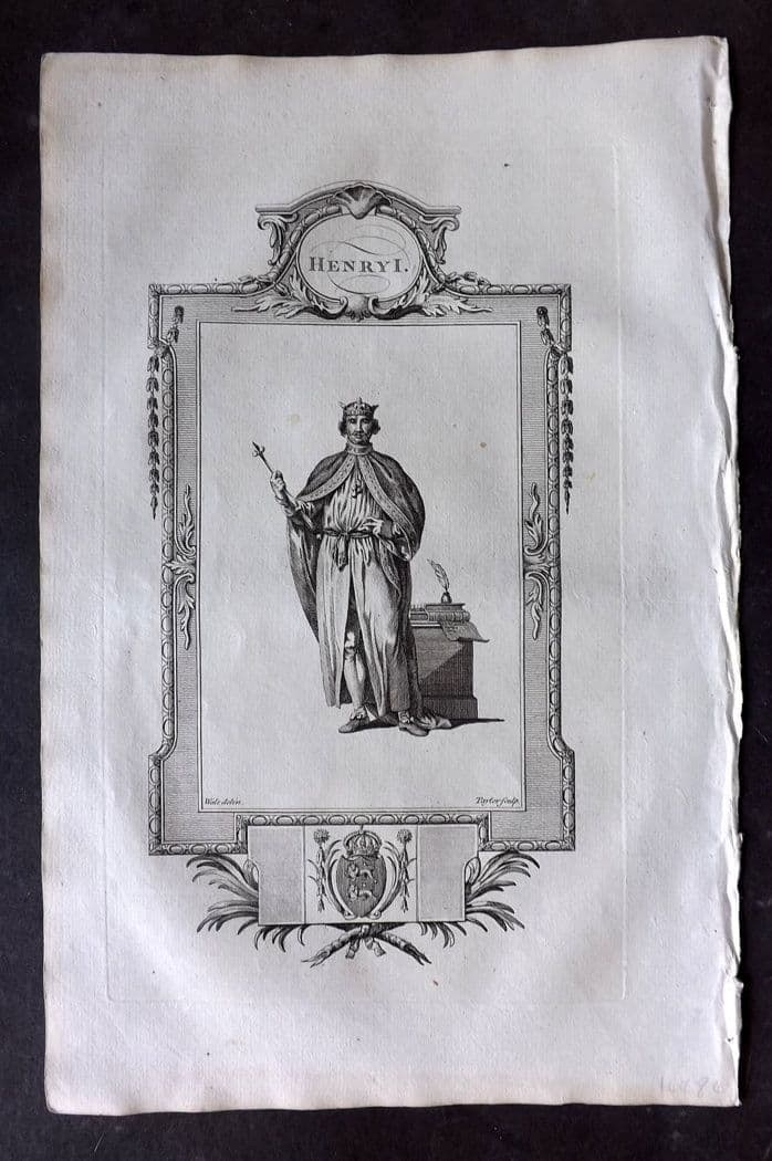 Russell 1779 Folio Portrait Print. Henry I: Antique Copper Plate Published 1779, London for "A New and Authentic History of England" [Russell's History of England] by William Augustus Russell. Paper Size: 15 x 9 inch (38 x 23cm) Good Condition