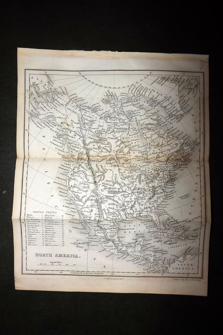 Hall, Sidney C1850 Antique Map. North America. USA Canada: Steel Engraving Published C1850, London for "A Grammar of General Geography" by the Rev. Goldsmith. Engraved Sidney Hall. Folds as issued. Paper Size: 8 x 6 inch (21 x 16cm) Very minor toning. Good Co