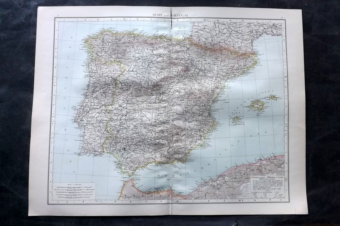 Times Atlas 1895 LG Antique Map. Spain and Portugal: Antique Large Lithograph Map Published 1895, London for "The Times Atlas"Centre fold as published. Paper Size: 21 x 16 inch (54 x 41cm) Small split on upper centre fold.
