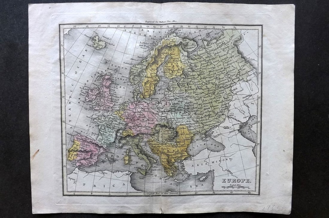 Thomson & Walker 1820 Hand Col Map. Europe: Antique Copper Engraved Map Published 1820, London for "Walker's Universal Atlas" Maps Drawn and Engraved by John Thomson. Fine hand colour as issued. Centre fold as published. Paper Size: 10.5 x 8.5 