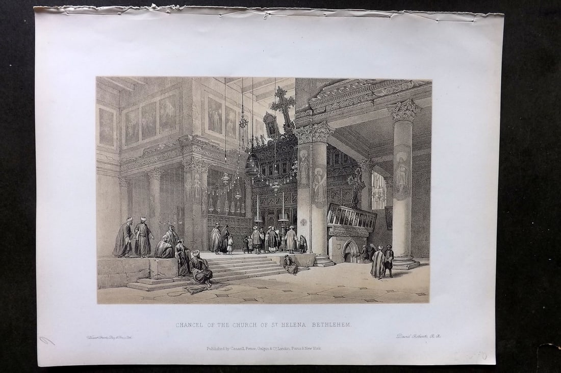 David Roberts Holy Land 4to 1887 Chancel of the Church of St. Helena, Bethlehem: Lithograph Published 1887 by Cassell, Petter & Galpin, London for "The Holy Land" by David Roberts, Louis Haghe, and George Croly. The third edition of Roberts's Holy Land Views. Paper Size: 12.5 x 9.