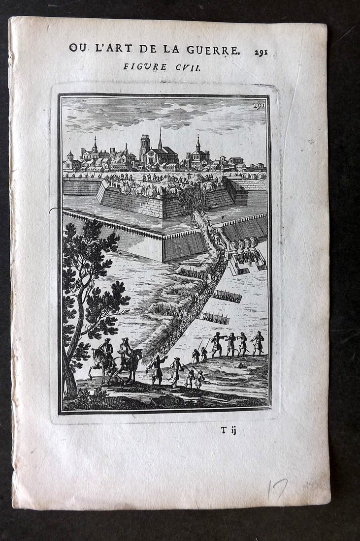 Mallet, Alain 1685 Print. Fortification Design for a French Town: Copper Plate Published 1684-85, Paris for "Les Travaux de Mars, Ou l'Art de la Guerre" First Edition by Alain Manesson Mallet. Unrelated French text to verso. Paper Size: 8 x 5.5 inch (21 x 14cm) Tiny