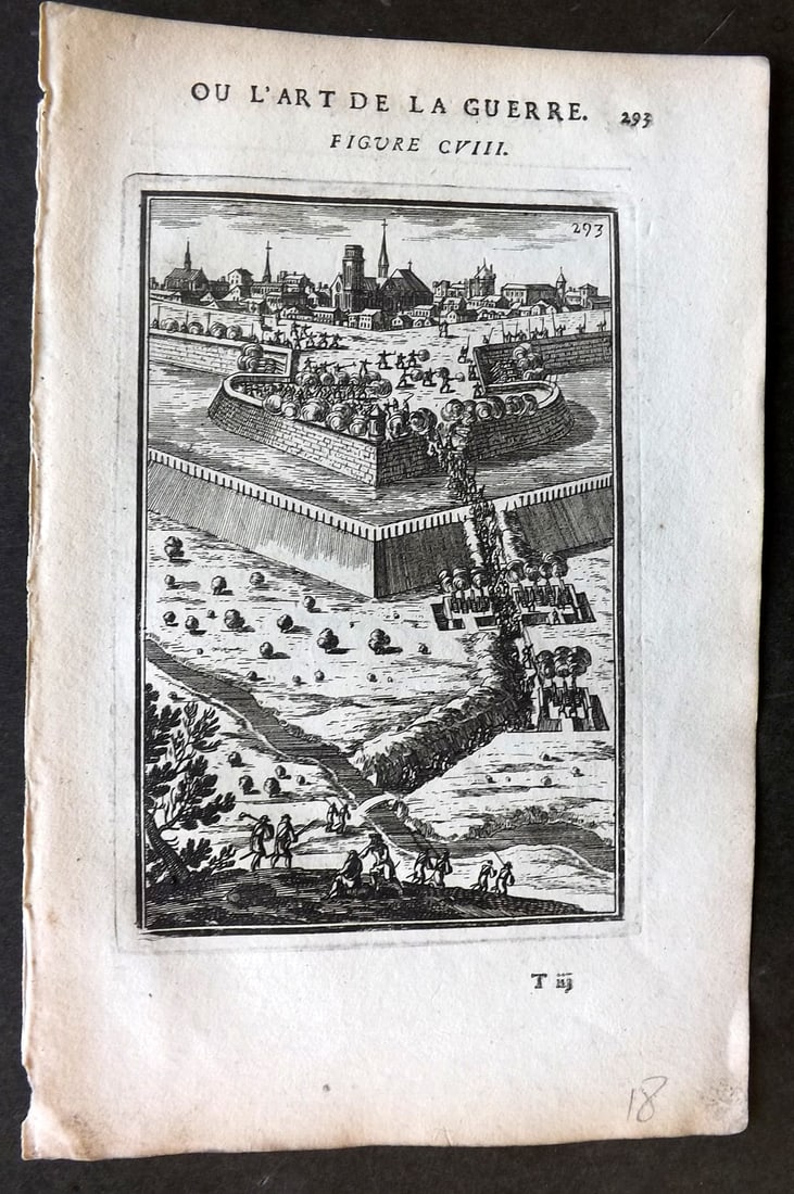 Mallet, Alain 1685 Print. Fortification Design for a French Town: Copper Plate Published 1684-85, Paris for "Les Travaux de Mars, Ou l'Art de la Guerre" First Edition by Alain Manesson Mallet. Unrelated French text to verso. Paper Size: 8 x 5.5 inch (21 x 14cm) Tiny