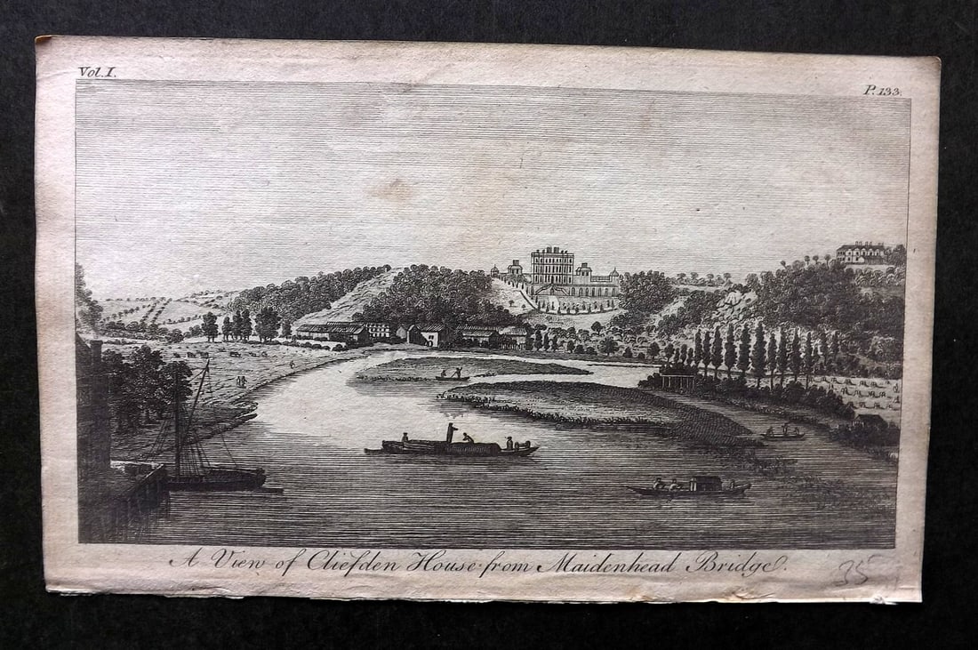 UK 1777 Antique Print. A View of Cliefden House from Maidenhead Bridge Clivedon: Copper Plate Published 1776-77, London for "A New Display of the Beauties of England" Paper Size: 8 x 5 inch (21 x 13cm) Very minor toning. Good Condition