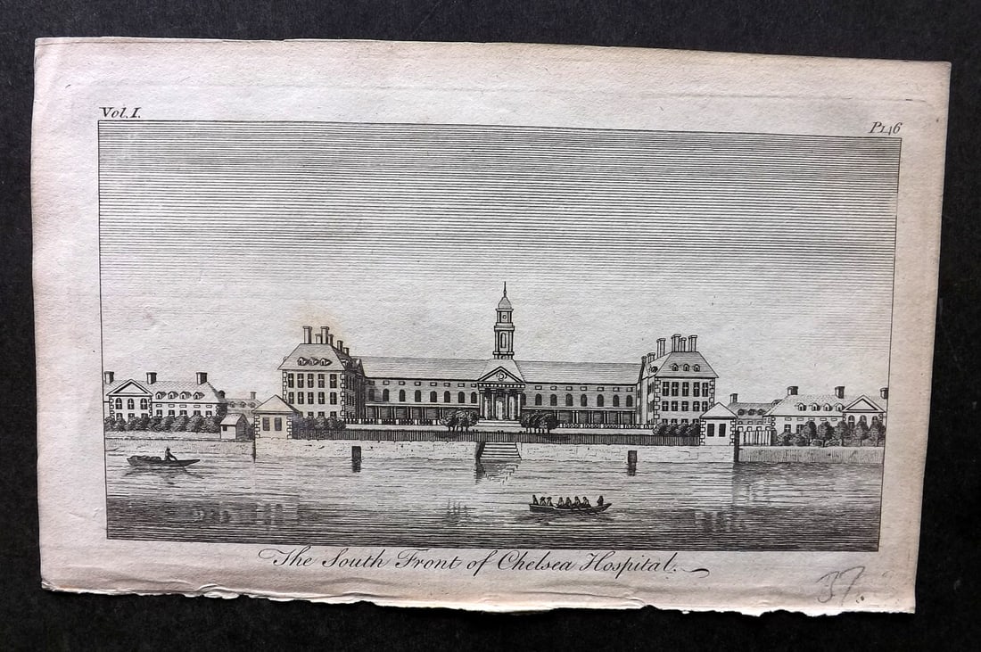 UK 1777 Antique Print. South Front of Chelsea Hospital, London: Copper Plate Published 1776-77, London for "A New Display of the Beauties of England" Paper Size: 8 x 5 inch (21 x 13cm) Good Condition