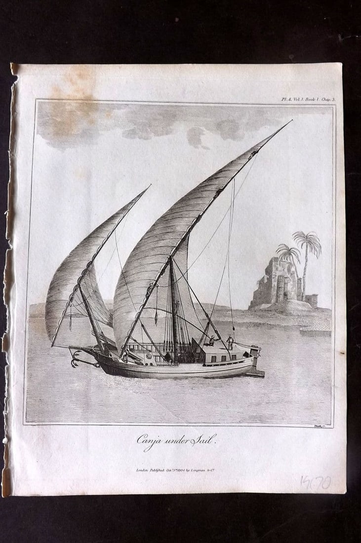 Bruce, James 1813 Antique Print. Canja under Sail: Antique Copper Plate Published 1813, Edinburgh for "Travels to discover the source of the Nile" by James Bruce. Minor toning present. Paper Size: 12 x 9 inch (30 x 23cm) Good Condition