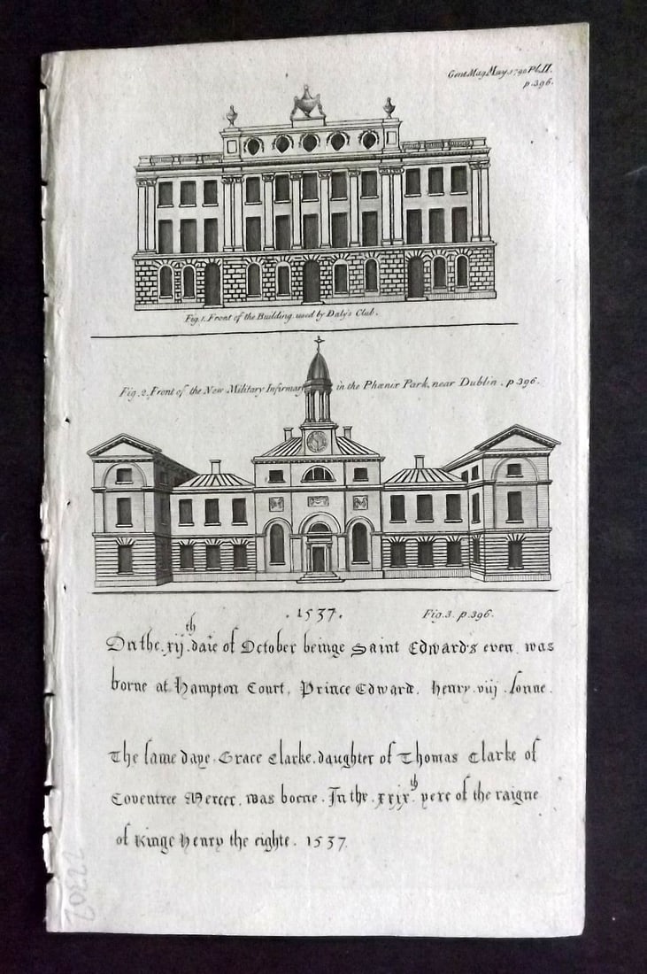 Gentleman's Mag. 1790 Building of Daly's Club & Military Infirmary Dublin Ireland: Antique Copper Plate Published London 1731-1833, London for "The Gentleman's Magazine..." by Various Contributors. Paper Size: 8 x 5 inch (21 x 13cm) Good Condition