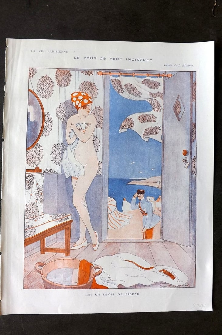 La Via Parisienne 1917 Art Deco Print. Le Coup de Vent Indiscret by Brunner: Vintage Lithograph Published 1863-1970 Paris for "La Vie Parisienne" Illustrated by Georges Barbier, Ch?ri H?rouard, Georges L?onnec and others. French Text to verso. Paper Size: 13.5 x 10 inch (34 x 