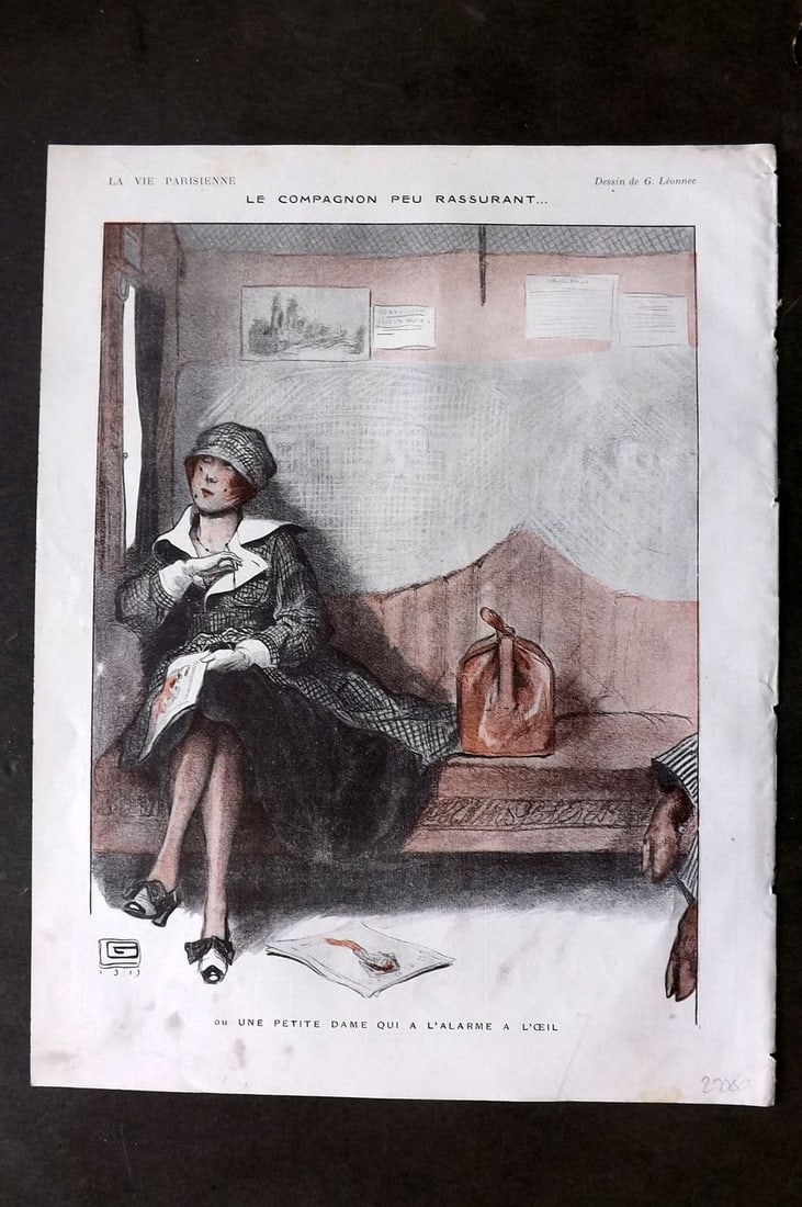 La Via Parisienne 1917 Art Deco Print. Le Compagnon Peu Rassurant: Vintage Lithograph Published 1863-1970 Paris for "La Vie Parisienne" Illustrated by Georges Barbier, Ch?ri H?rouard, Georges L?onnec and others. French Text to verso. Paper Size: 13.5 x 10 inch (34 x 