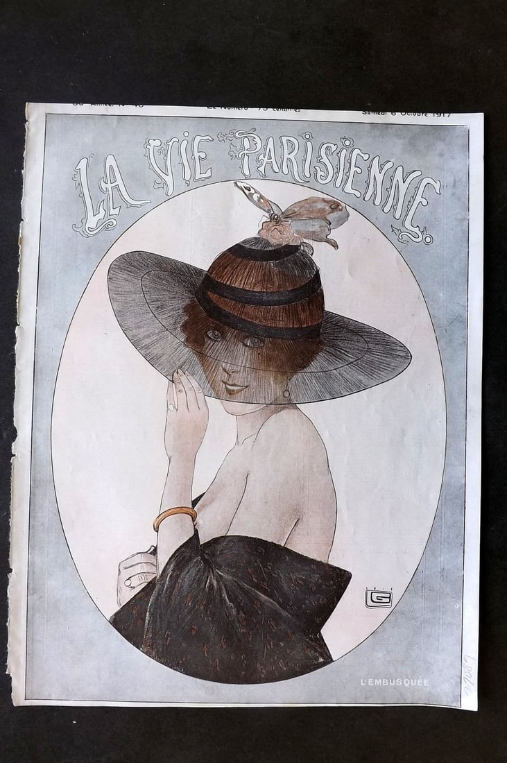 La Via Parisienne 1917 Art Deco Print. L'Embusquee by Leonnec: Vintage Lithograph Published 1863-1970 Paris for "La Vie Parisienne" Illustrated by Georges Barbier, Cheri Herouard, Georges Leonnec and others. French Text to verso. Paper Size: 13.5 x 10 inch (34 x 