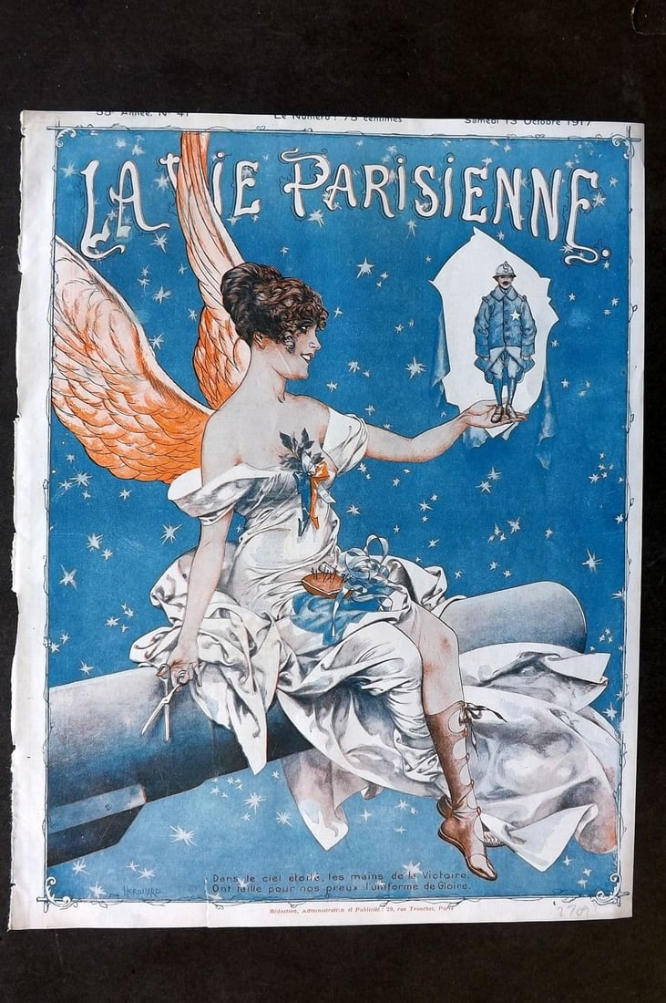 La Via Parisienne 1917 Art Deco Print. Dans le ciel etoile by Herouard: Vintage Lithograph Published 1863-1970 Paris for "La Vie Parisienne" Illustrated by Georges Barbier, Cheri Herouard, Georges Leonnec and others. French Text to verso. Paper Size: 13.5 x 10 inch (34 x 