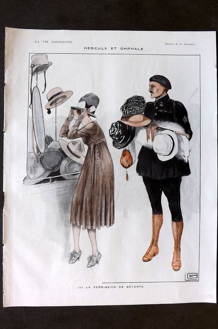 La Via Parisienne 1917 Art Deco Print. Hercule et Omphale by Leonnec: Vintage Lithograph Published 1863-1970 Paris for "La Vie Parisienne" Illustrated by Georges Barbier, Cheri Herouard, Georges Leonnec and others. French Text to verso. Paper Size: 13.5 x 10 inch (34 x 
