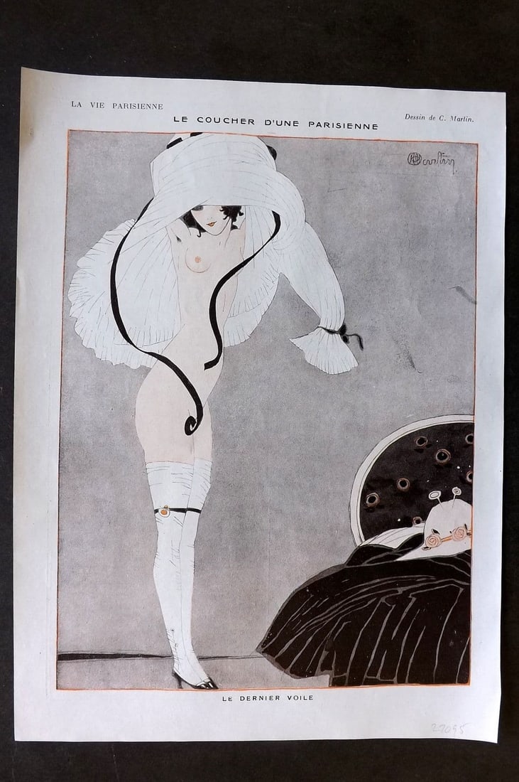 La Via Parisienne 1917 Art Deco Print. Le Coucher d'Une Parisienne by Martin: Vintage Lithograph Published 1863-1970 Paris for "La Vie Parisienne" Illustrated by Georges Barbier, Cheri Herouard, Georges Leonnec and others. French Text to verso. Paper Size: 13.5 x 10 inch (34 x 