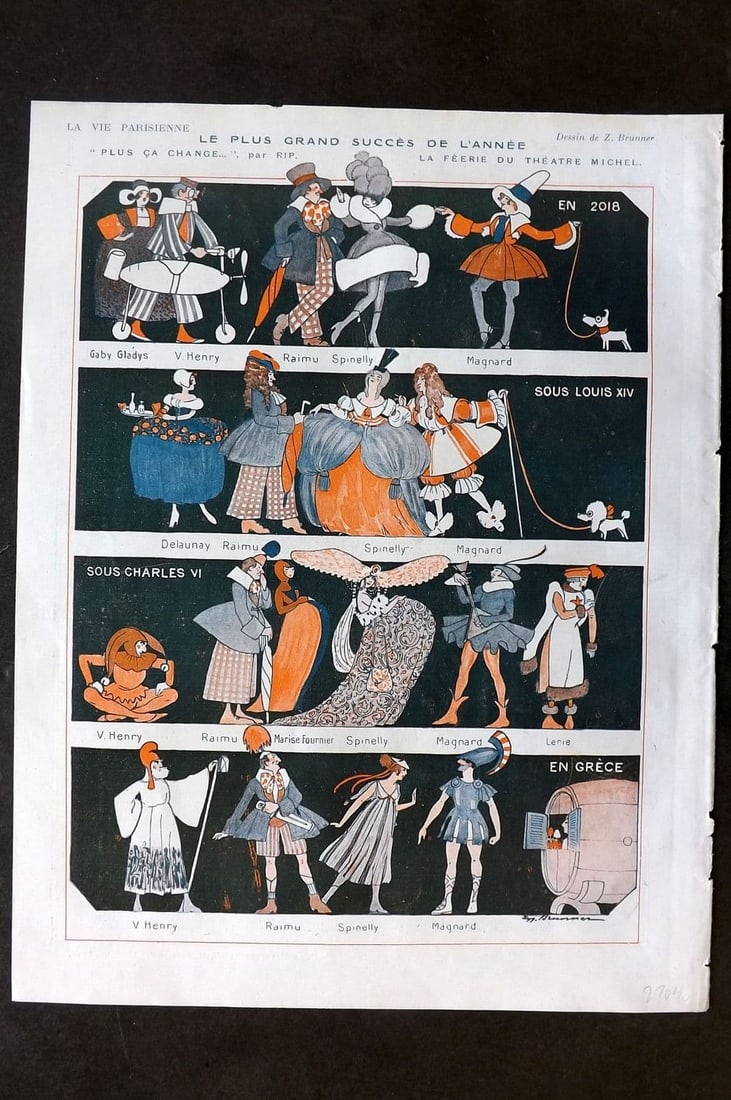 La Via Parisienne 1917 Art Deco. Le Plus Grand Success de L'Annee by Brunner: Vintage Lithograph Published 1863-1970 Paris for "La Vie Parisienne" Illustrated by Georges Barbier, Cheri Herouard, Georges Leonnec and others. French Text to verso. Paper Size: 13.5 x 10 inch (34 x 