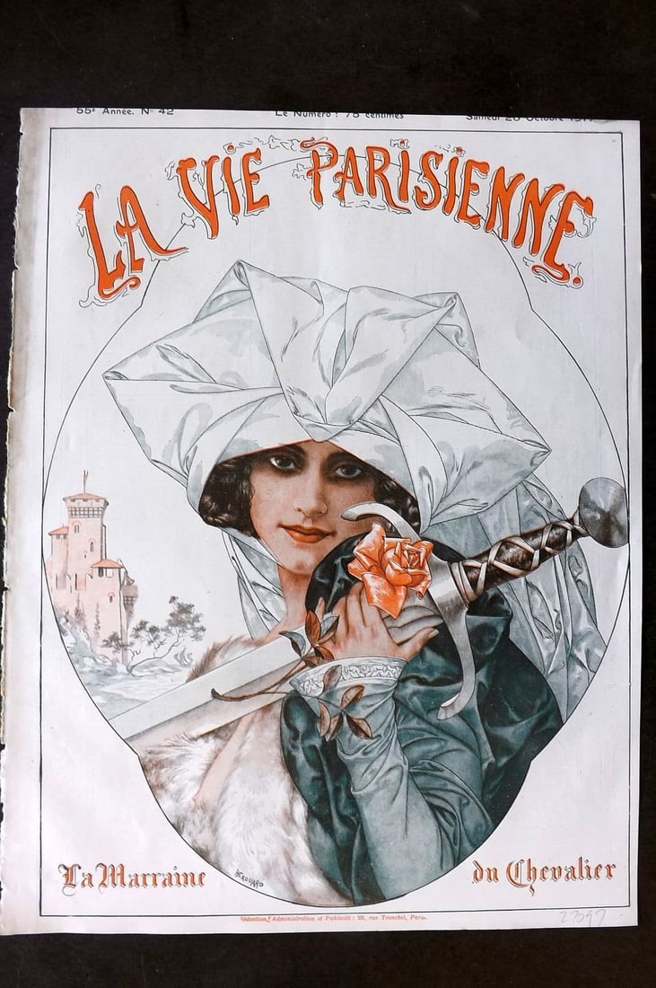 La Via Parisienne 1917 Art Deco Print. Le Marraine du Chevalier by Herouard: Vintage Lithograph Published 1863-1970 Paris for "La Vie Parisienne" Illustrated by Georges Barbier, Cheri Herouard, Georges Leonnec and others. French Text to verso. Paper Size: 13.5 x 10 inch (34 x 