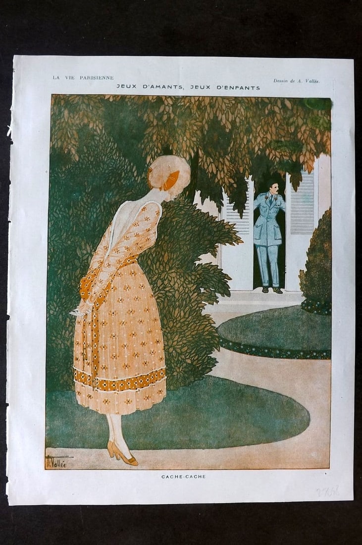 La Via Parisienne 1917 Art Deco Print. Jeux d'Amants, Jeux d'Enfants by Vallee: Vintage Lithograph Published 1863-1970 Paris for "La Vie Parisienne" Illustrated by Georges Barbier, Cheri Herouard, Georges Leonnec and others. French Text to verso. Paper Size: 13.5 x 10 inch (34 x 