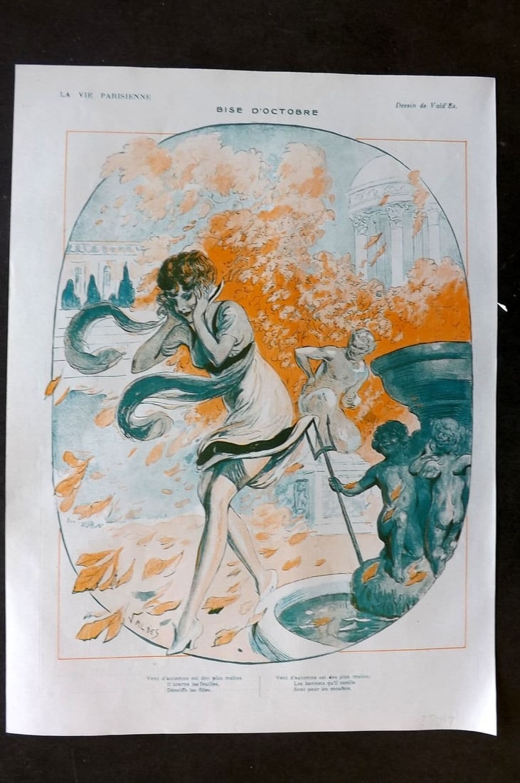 La Via Parisienne 1917 Art Deco Print. Bise d'Octobre by Vald'Es: Vintage Lithograph Published 1863-1970 Paris for "La Vie Parisienne" Illustrated by Georges Barbier, Cheri Herouard, Georges Leonnec and others. French Text to verso. Paper Size: 13.5 x 10 inch (34 x 