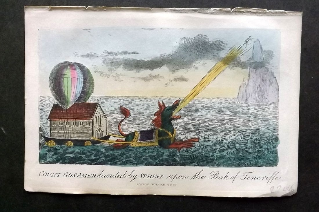 Munchausen Cruikshank 1877 HC Satire. Count Gosamer landed by Sphinx, Teneriffe (1 of 1)
