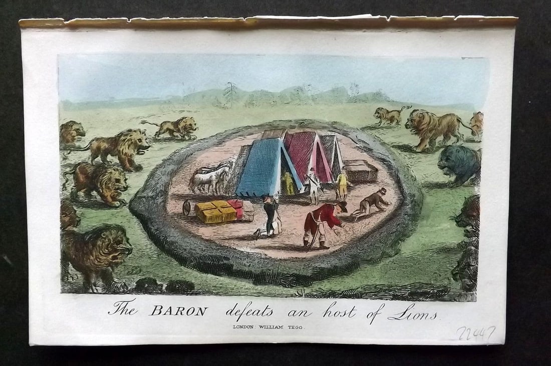 Munchausen & Cruikshank 1877 HC Satire Print. Baron defeats a Host of Lions (1 of 1)