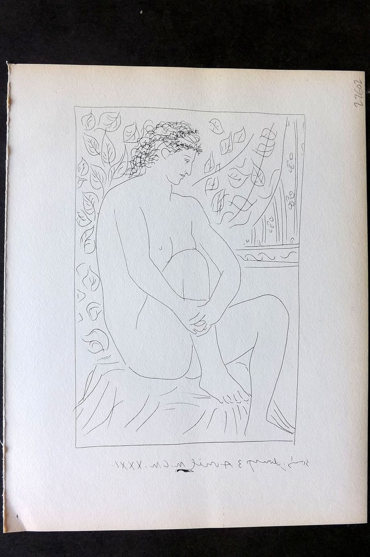 Picasso Vollard Suite 1956 Print. Nude seated before a Curtain 04: Vintage Photogravure Published 1956, London for "Picasso's Vollard Suite" First English Edition of 100 Etchings created by Picasso between 1930-37. Printed on Good Quality Paper in Germany. Paper Size
