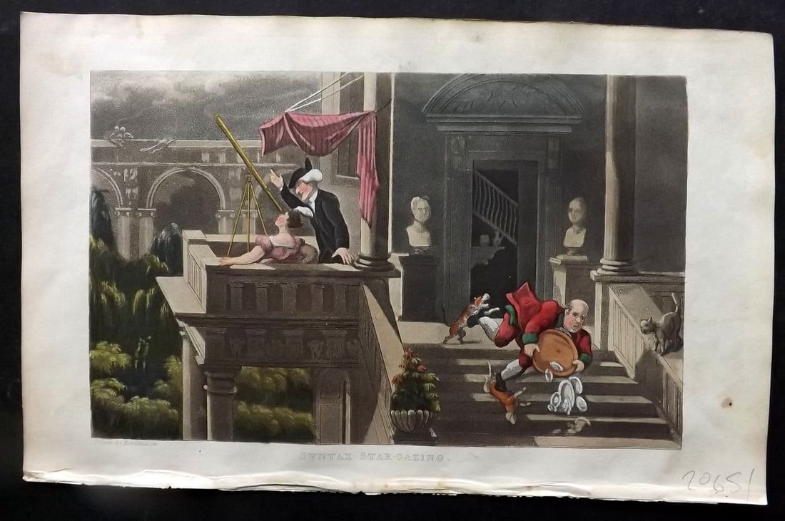 Rowlandson Doctor Syntax 1855 HCol Print. Syntax Star Gazing. Astronomy: Aquatint Published 1855, London for "The Three Tours of Doctor Syntax" by William Combe. Illustrated by Thomas Rowlandson. Fine hand colour as issued. Paper Size: 10 x 6 inch (25 x 16cm) Very minor ma