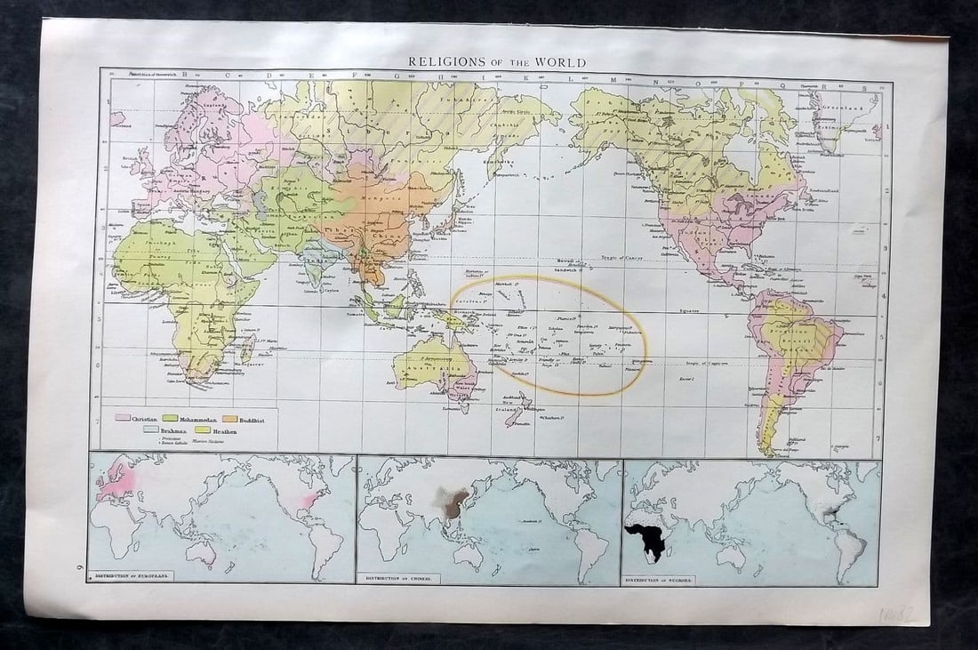Times Atlas 1895 Antique Map. Religions of the World: Antique Lithograph Map Published 1895, London for "The Times Atlas" Paper Size: 15.5 x 10.5 inch (39 x 27cm) Good Condition