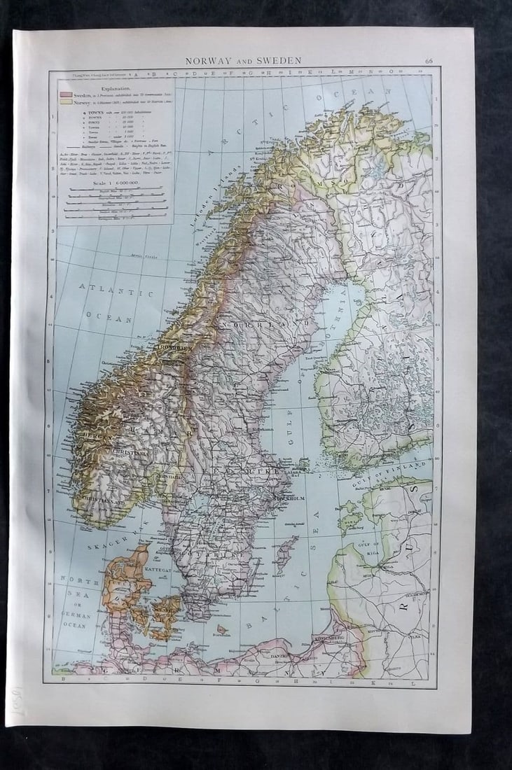 Times Atlas 1895 Antique Map. Norway and Sweden: Antique Lithograph Map Published 1895, London for "The Times Atlas" Paper Size: 15.5 x 10.5 inch (39 x 27cm) Good Condition