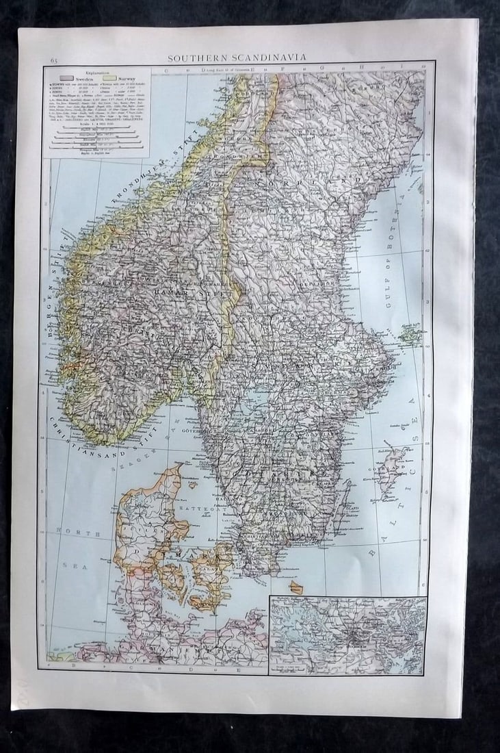 Times Atlas 1895 Antique Map. Southern Scandinavia: Antique Lithograph Map Published 1895, London for "The Times Atlas" Paper Size: 15.5 x 10.5 inch (39 x 27cm) Good Condition