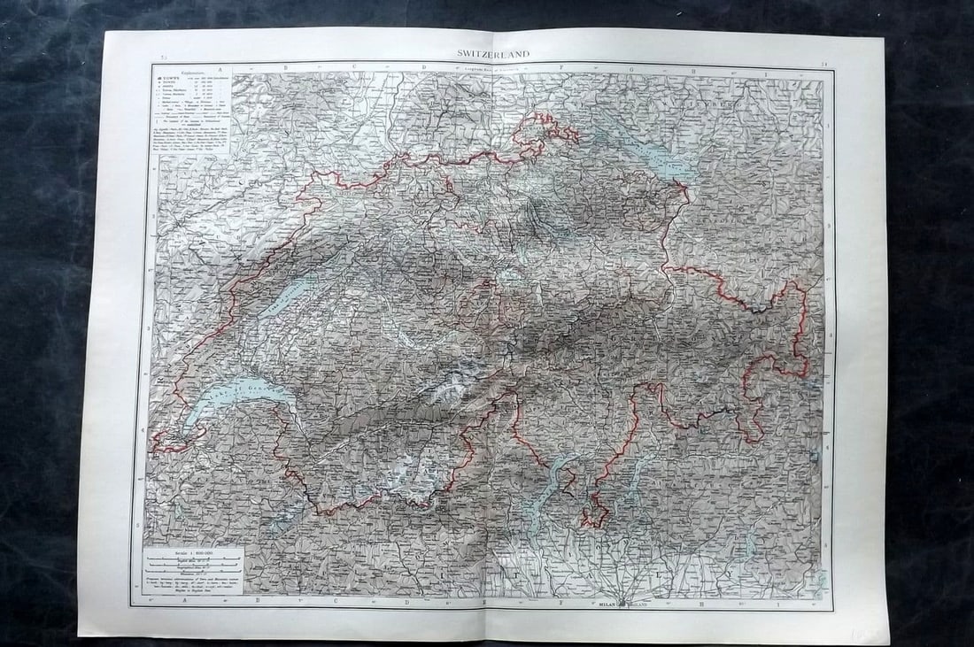Times Atlas 1895 LG Antique Map. Switzerland: Antique Large Lithograph Map Published 1895, London for "The Times Atlas"Centre fold as published. Paper Size: 21 x 16 inch (54 x 41cm) Good Condition
