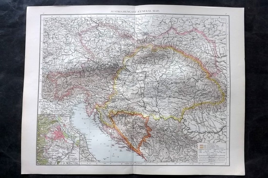 Times Atlas 1895 LG Antique Map. Austria Hungary (General Map): Antique Large Lithograph Map Published 1895, London for "The Times Atlas"Centre fold as published. Paper Size: 21 x 16 inch (54 x 41cm) Good Condition