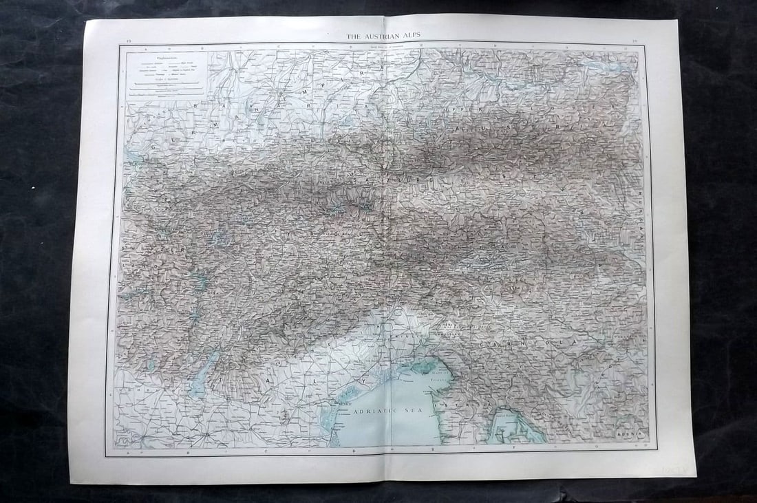 Times Atlas 1895 LG Antique Map. The Austrian Alps. Austria: Antique Large Lithograph Map Published 1895, London for "The Times Atlas"Centre fold as published. Paper Size: 21 x 16 inch (54 x 41cm) Good Condition