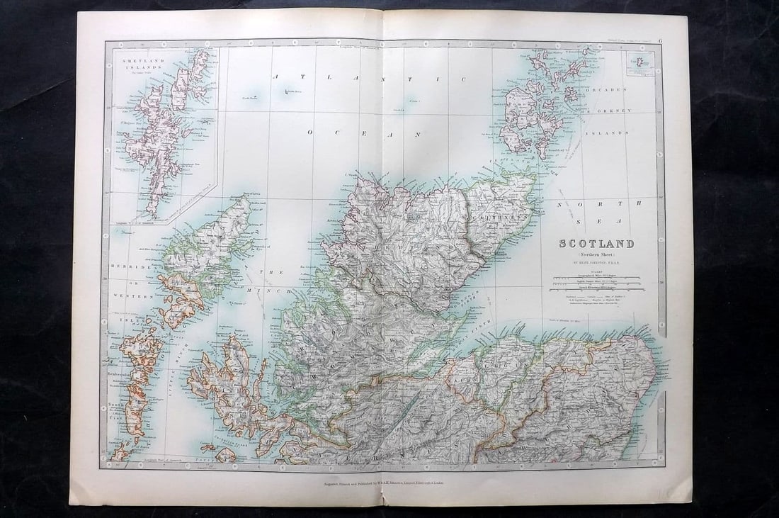 Johnston, Keith 1906 Antique Map. Scotland - Northern Sheet: Antique Folio Steel Engraved Map Published 1906, Edinburgh & London for "The Handy Atlas of Modern Geography" by Alexander Keith Johnston and G. H. Johnston. Centre fold as published. Paper Size: 19 x