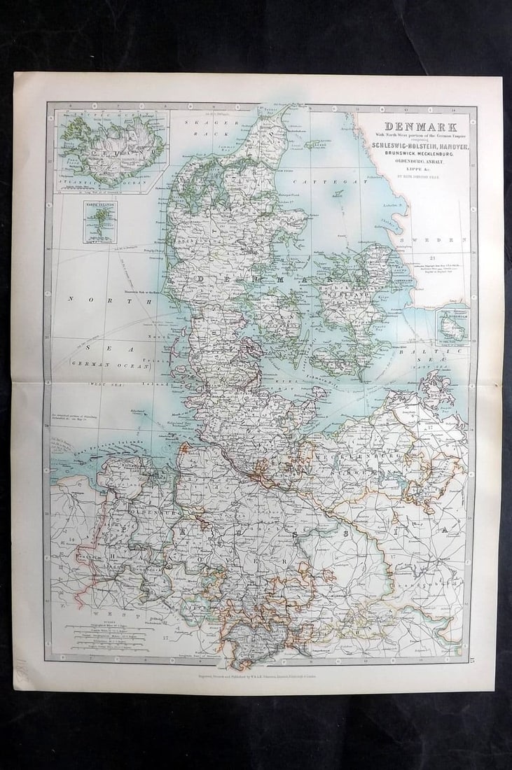 Johnston, Keith 1906 Antique Map. Denmark: Antique Folio Steel Engraved Map Published 1906, Edinburgh & London for "The Handy Atlas of Modern Geography" by Alexander Keith Johnston and G. H. Johnston. Centre fold as published. Paper Size: 19 x