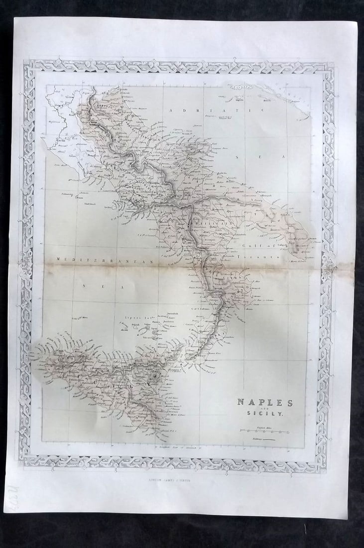 Costello & Hughes 1861 Antique Map. Naples and Sicily. Italy: Antique Steel Engraved Map Published 1861, London for "Piedmont and Italy, from the Alps to the Tiber..." by Dudley Costello. Map by W. Hughes. Centre fold as published. Paper Size: 15 x 10.5 inch (38