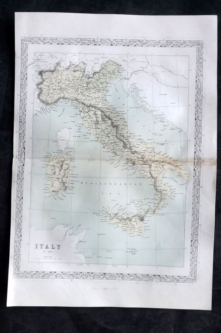 Costello & Hughes 1861 Antique Map. Italy in 1860: Antique Steel Engraved Map Published 1861, London for "Piedmont and Italy, from the Alps to the Tiber..." by Dudley Costello. Map by W. Hughes. Centre fold as published. Paper Size: 15 x 10.5 inch (38