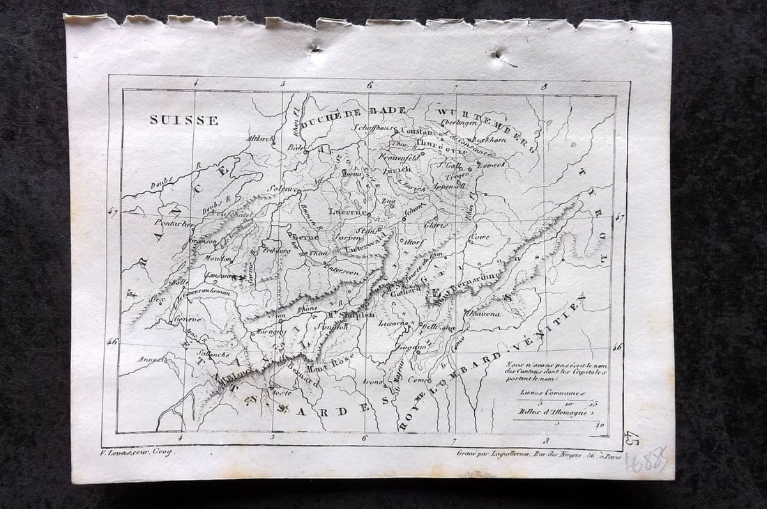 Levasseur, Victor 1838 Antique Map. Suisse. Switzerland: Antique Steel Engraved Map Published 1838, Paris for "Atlas Classique Universel de Geographie ancienne e moderne" by Victor Levasseur. Paper Size: 5.5 x 4.25 inch (14 x 11cm) Good Condition