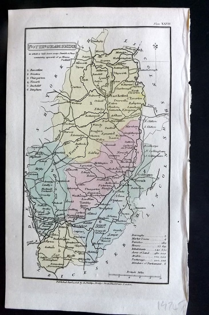 Capper, Benjamin 1808 Hand Col British County Map. Nottinghamshire: Antique Copper Engraved Map Published 1808 by Richard Philips, London for "A Topographical Dictionary of the United Kingdom" First Edition by Benjamin Pitts Capper. Fine hand colour as issued. Paper S
