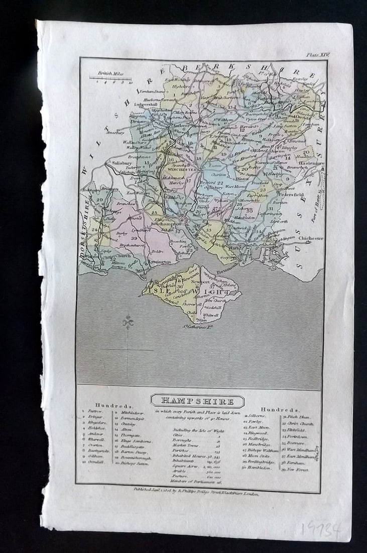 Capper, Benjamin 1808 Hand Col British County Map. Hampshire: Antique Copper Engraved Map Published 1808 by Richard Philips, London for "A Topographical Dictionary of the United Kingdom" First Edition by Benjamin Pitts Capper. Fine hand colour as issued. Paper S