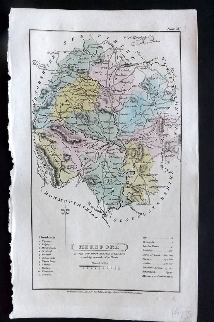 Capper, Benjamin 1808 Hand Col British County Map. Herefordshire: Antique Copper Engraved Map Published 1808 by Richard Philips, London for "A Topographical Dictionary of the United Kingdom" First Edition by Benjamin Pitts Capper. Fine hand colour as issued. Paper S
