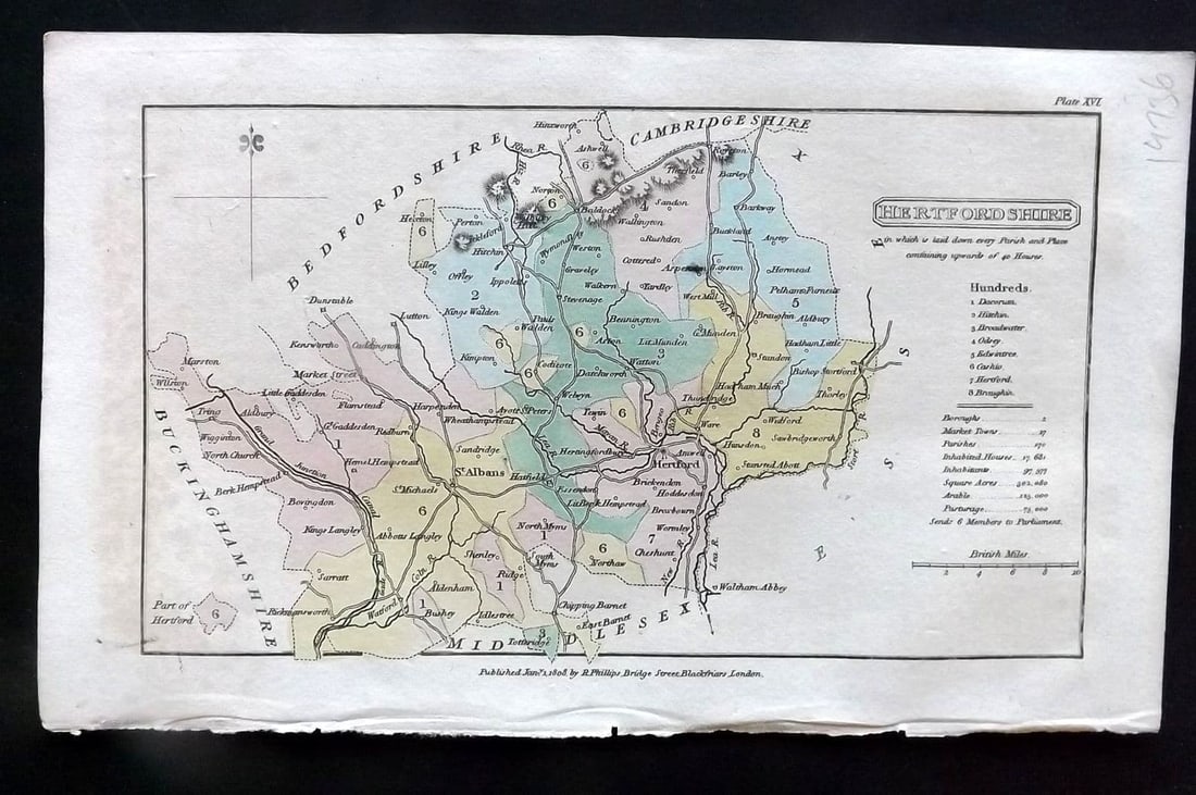 Capper, Benjamin 1808 Hand Col British County Map. Hertfordshire: Antique Copper Engraved Map Published 1808 by Richard Philips, London for "A Topographical Dictionary of the United Kingdom" First Edition by Benjamin Pitts Capper. Fine hand colour as issued. Paper S