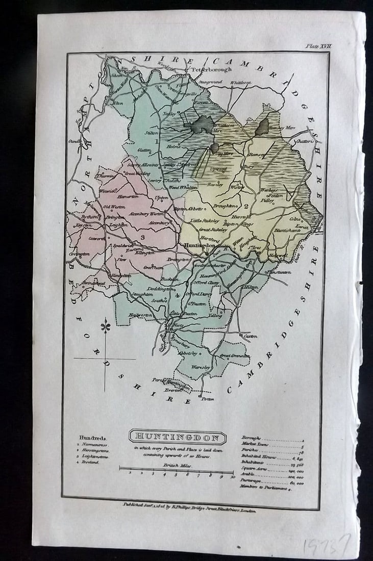 Capper, Benjamin 1808 Hand Col British County Map. Huntingdon: Antique Copper Engraved Map Published 1808 by Richard Philips, London for "A Topographical Dictionary of the United Kingdom" First Edition by Benjamin Pitts Capper. Fine hand colour as issued. Paper S