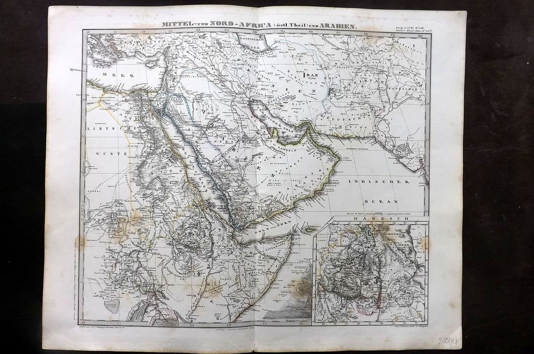Stieler, Adolf 1870 Map. Mittel- und Nord-Afrika (Ostlicher Theil) u Arabien. Arabia: Antique Steel Engraved Map Published 1870, Gotha for "Hand-Atlas Uber alle Theile der Erde und Eber das Weltgebaude" by Adolf Stieler. Outline hand colour as issued. Centre fold as published. Paper Si