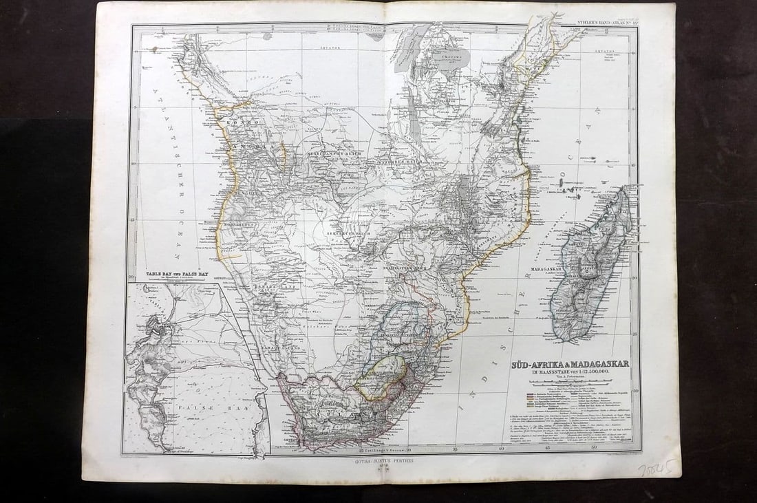 Stieler, Adolf 1870 Antique Map. Sud-Afrika und Madagascar. South Africa Madagascar: Antique Steel Engraved Map Published 1870, Gotha for "Hand-Atlas Uber alle Theile der Erde und Eber das Weltgebaude" by Adolf Stieler. Outline hand colour as issued. Centre fold as published. Paper Si