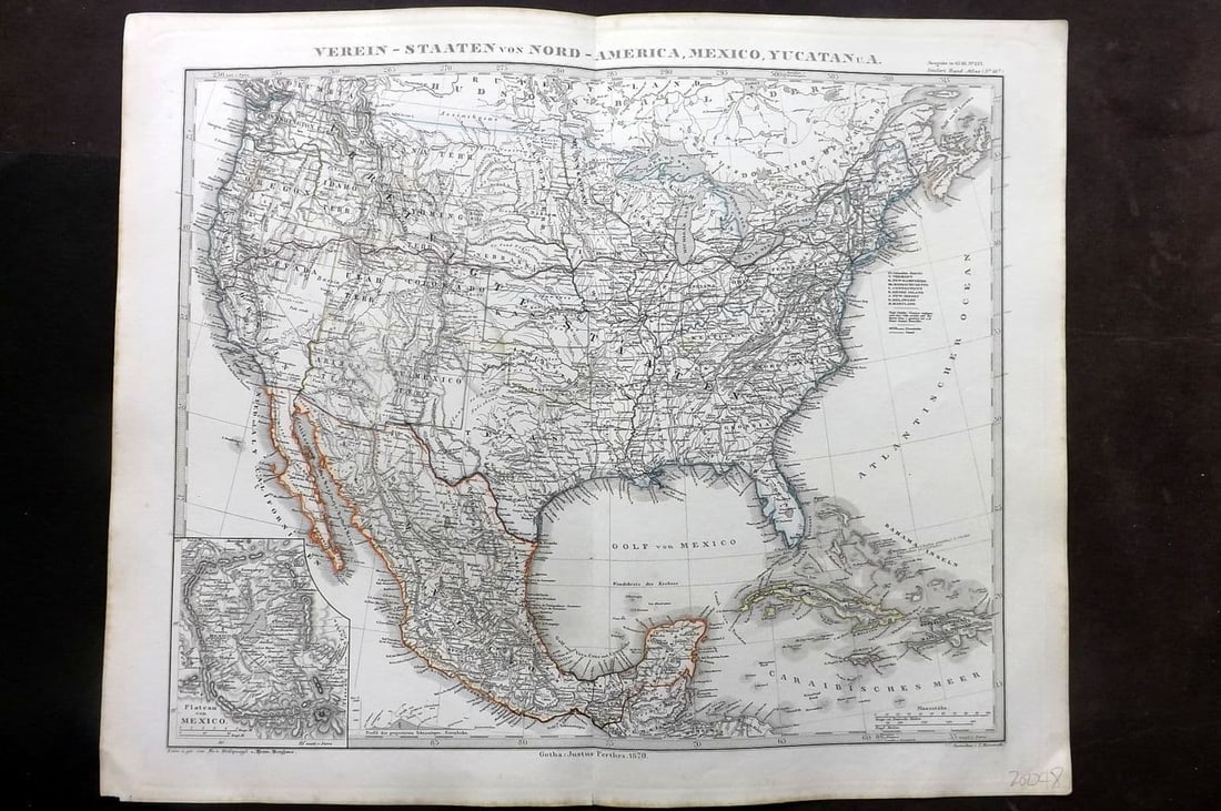 Stieler, Adolf 1870 Map Vereinig-Staaten von Nord-Amerika, Mexico, Yucatan. USA Mexico: Antique Steel Engraved Map Published 1870, Gotha for "Hand-Atlas Uber alle Theile der Erde und Eber das Weltgebaude" by Adolf Stieler. Outline hand colour as issued. Centre fold as published. Paper Si