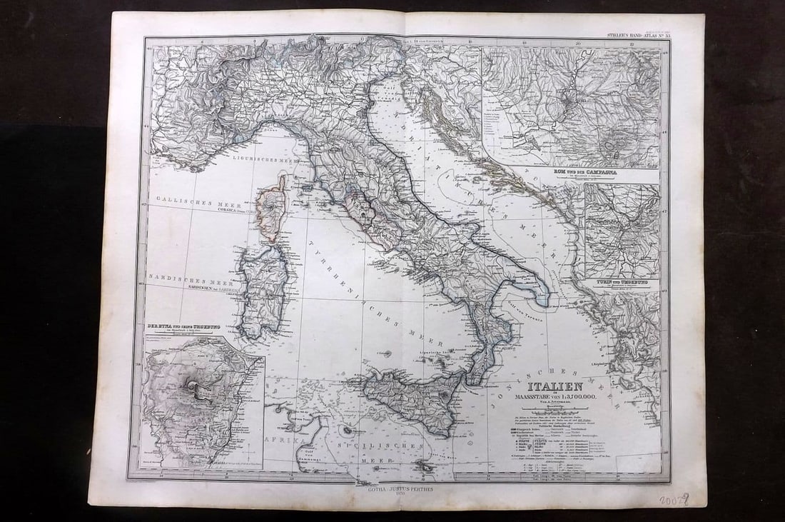 Stieler, Adolf 1870 Antique Map. Italien. Generalkarte Italy: Antique Steel Engraved Map Published 1870, Gotha for "Hand-Atlas Uber alle Theile der Erde und Eber das Weltgebaude" by Adolf Stieler. Outline hand colour as issued. Centre fold as published. Paper Si