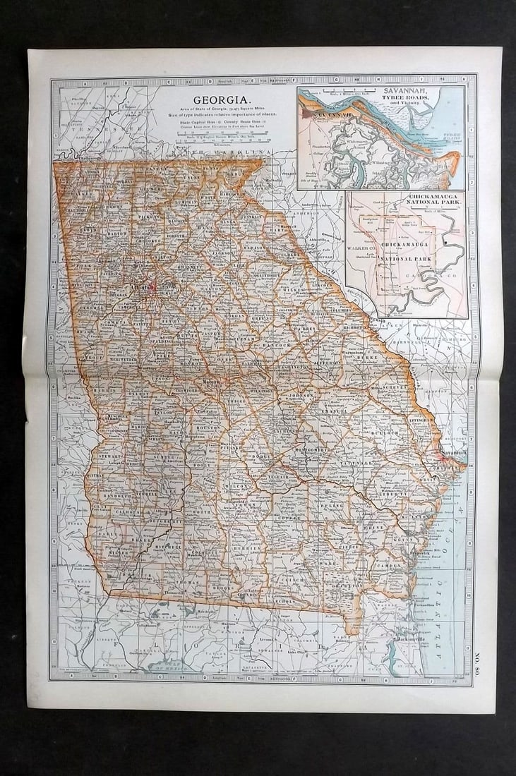 Black (Pub) 1903 Antique Map. Georgia, United States: Antique Lithograph Map Published 1903, by Adam & Charles Black, Edinburgh & London for "The New Volumes of The Encylopaedia Britannica" Centre fold as published. Paper Size: 16 x 11.5 inch (41 x 29cm)