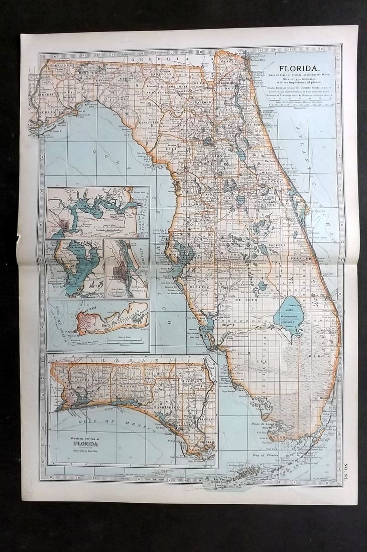 Black (Pub) 1903 Antique Map. Florida, USA: Antique Lithograph Map Published 1903, by Adam & Charles Black, Edinburgh & London for "The New Volumes of The Encylopaedia Britannica" Centre fold as published. Paper Size: 16 x 11.5 inch (41 x 29cm)