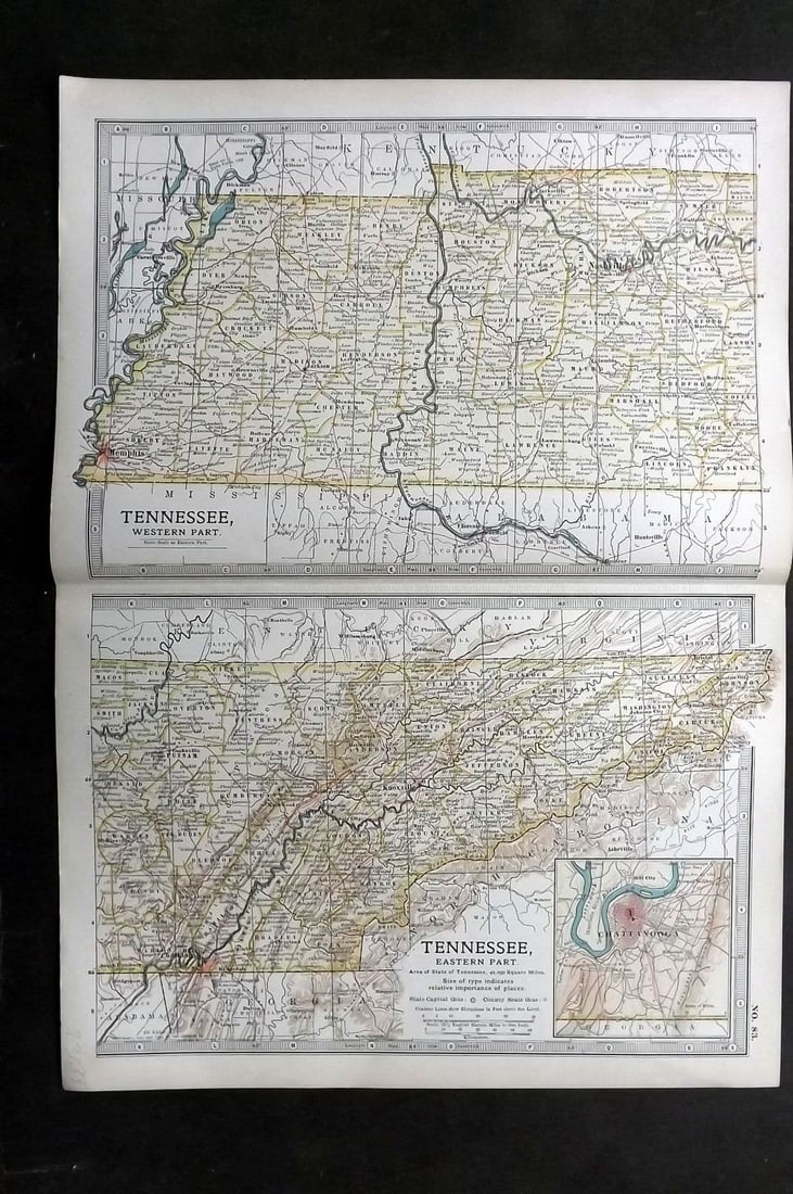Black (Pub) 1903 Antique Map. Tennessee USA: Antique Lithograph Map Published 1903, by Adam & Charles Black, Edinburgh & London for "The New Volumes of The Encylopaedia Britannica" Centre fold as published. Paper Size: 16 x 11.5 inch (41 x 29cm)